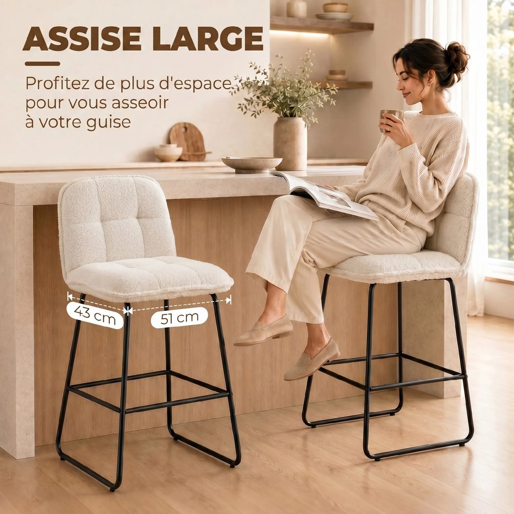 Conjunto de 2 bancos de bar, cadeiras de bar estofadas em tecido bouclé, assento extragrande com 66 cm de altura, cor creme
