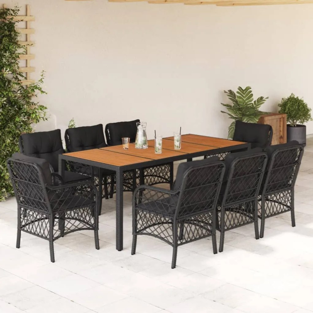 9 pcs conjunto de jantar p/ jardim c/ almofadões vime PE preto