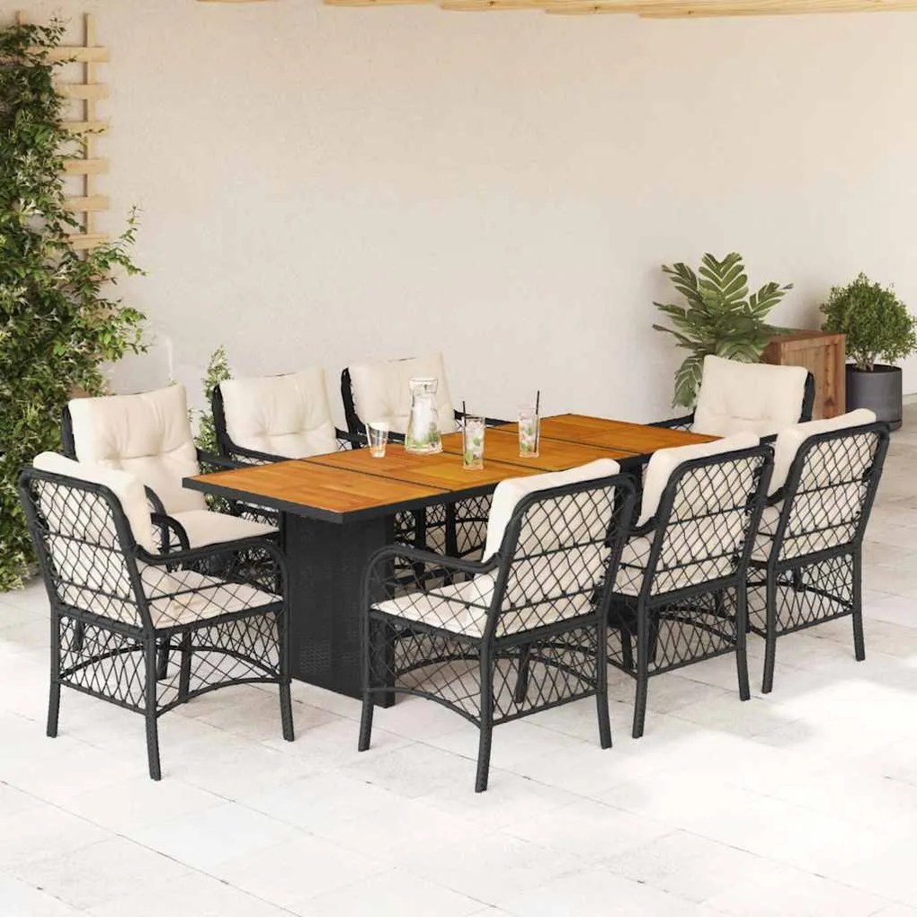9 pcs conjunto de jantar p/ jardim c/ almofadões vime PE preto