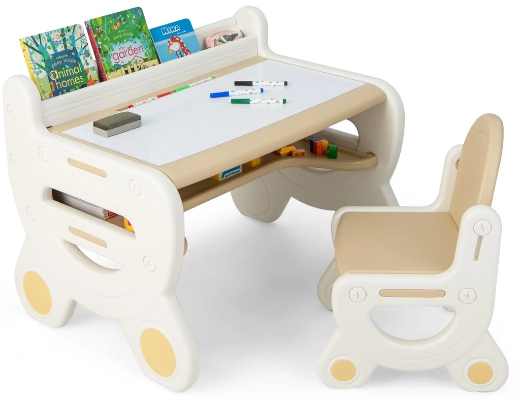 Baú de brinquedos multiuso e estante com quadro branco magnético - cinza