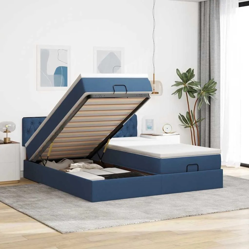 Estrutura de cama otomana com colchões 180x200cm tecido azul