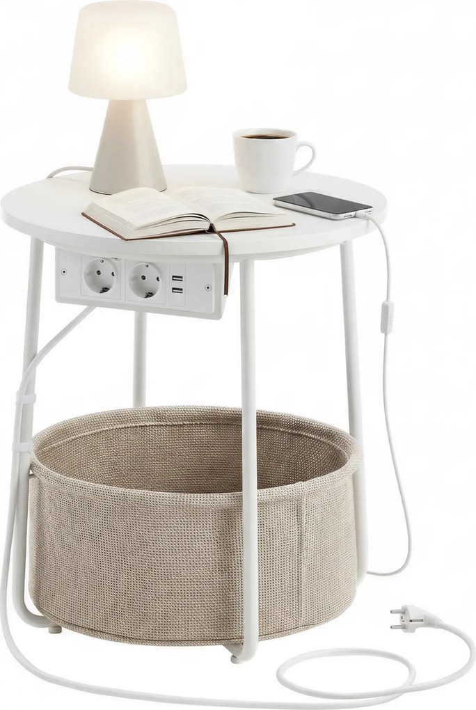 Mesa apoio redonda com cesto de tecido e tomadas, 45 x 50 cm (diâmetro x A) branco-castanho