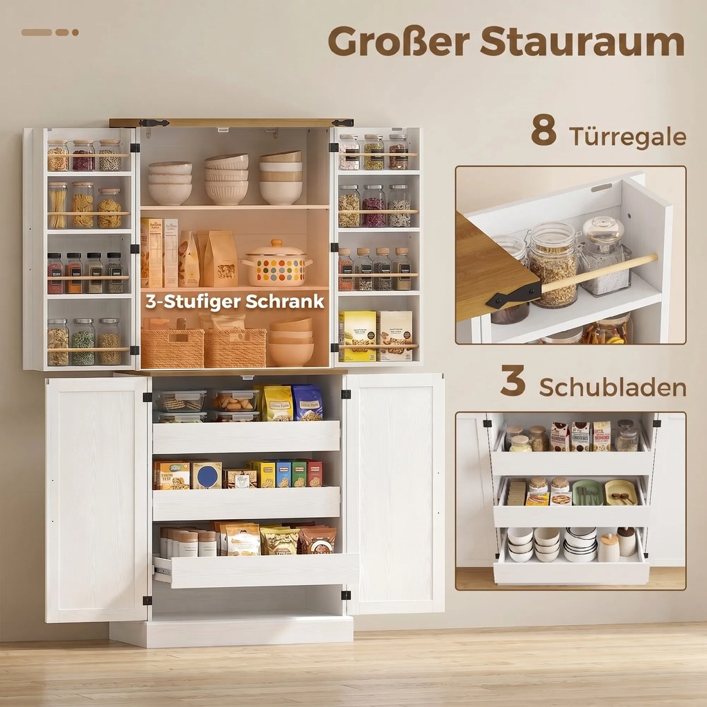 Armário cozinha 76 x 40 x 182 cm 4 portas, 3 gavetas, 8 suportes para prateleiras e prateleiras ajustáveis, 76 x 40 x 182 cm, branco
