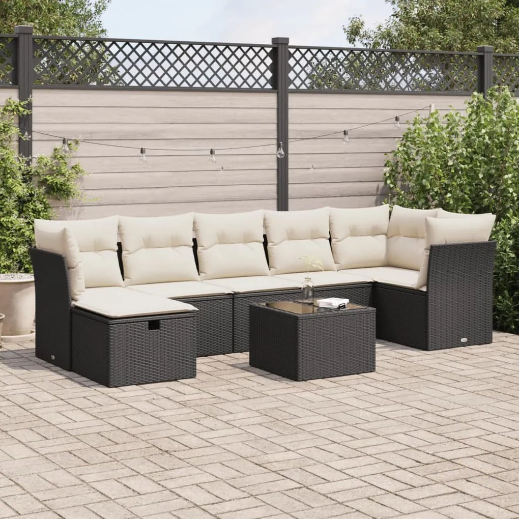 8 pcs conjunto sofás de jardim com almofadões vime PE preto