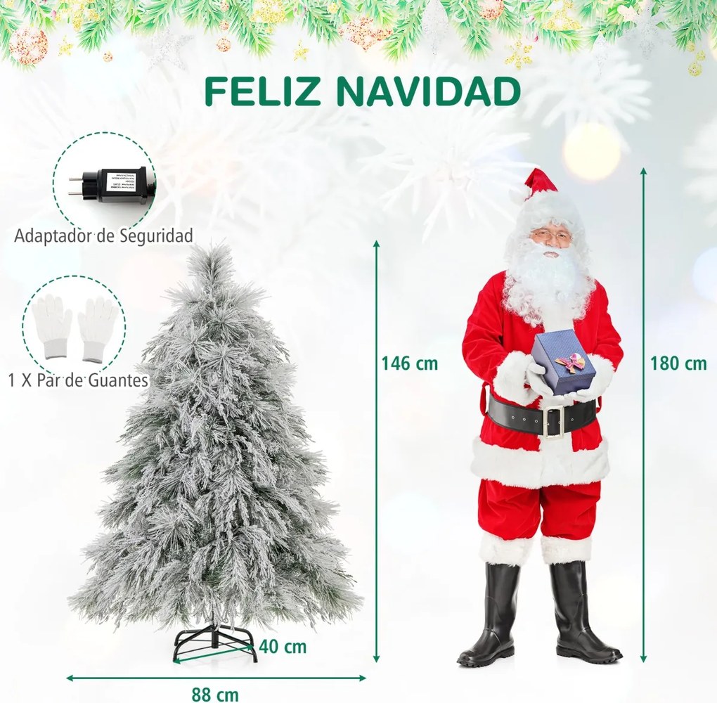 Árvore de Natal com neve artificial de 146 cm com luzes LED brancas quentes Agulhas de pinheiro e folhas de salgueiro Decoração pré-iluminada Verde e