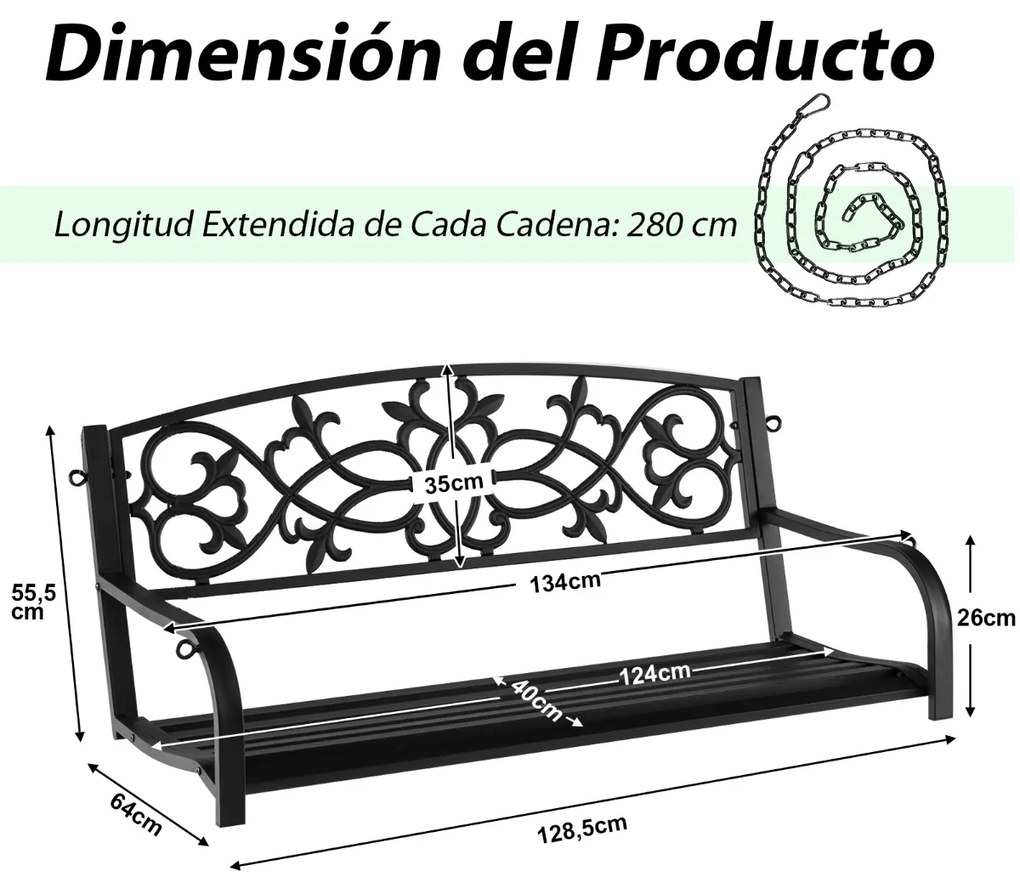 Baloiço Jardim metálico e Pátio 2 Pessoas Banco Pendurado ao Ar Livre com Correntes de Jardim Pesadas Fácil de Montar Preto