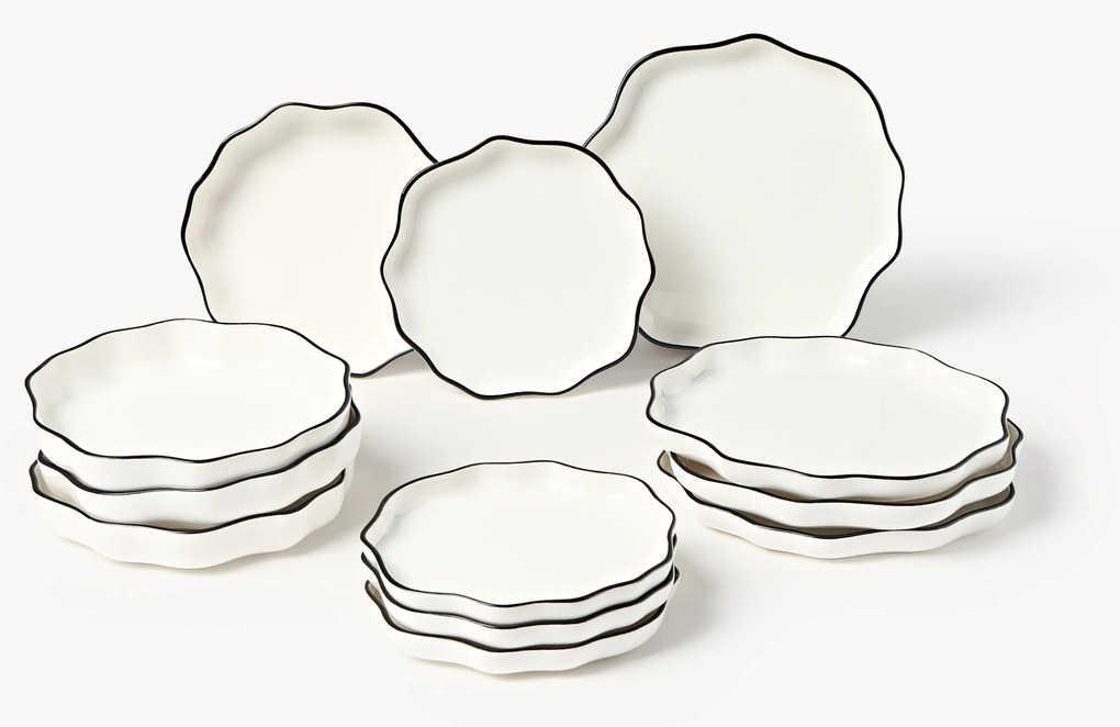 Conjunto de loiça em porcelana com borda ondulada Bia, 4 pessoas, conjunto de 12