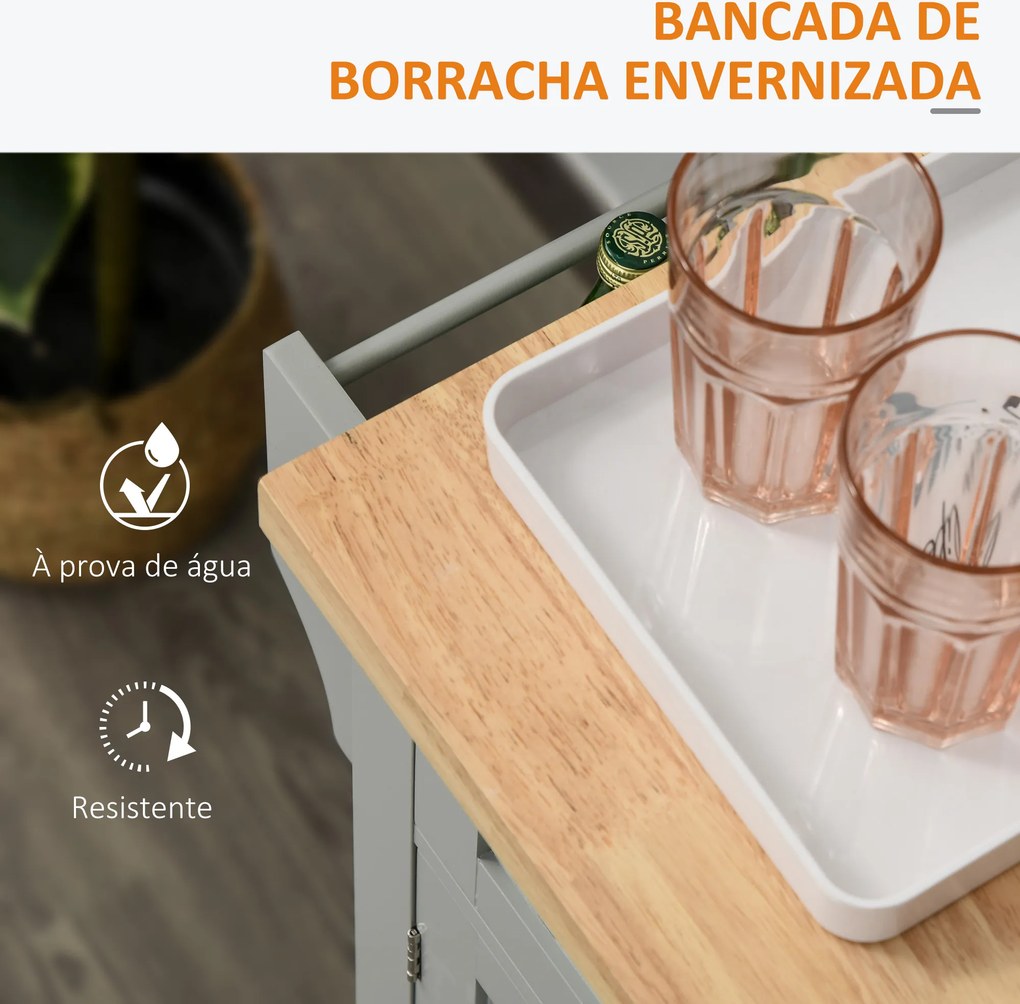 Carrinho Ilha de Cozinha com Rodas 2 Gavetas 4 Portas Suporte para Temperos e Barra Lateral 111x44,5x82,5 cm Cinzento e Madeira