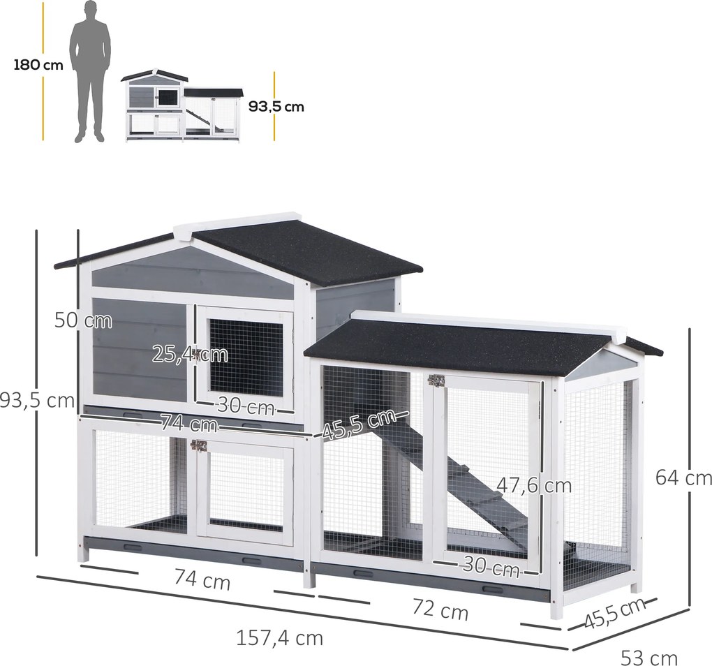 Coelheira de Madeira Exterior Gaiola para Coelhos de 2 Níveis com Teto Asfáltico 2 Cercados de Metal Bandeja Removível 3 Portas e Rampa 157,4x53x93,5