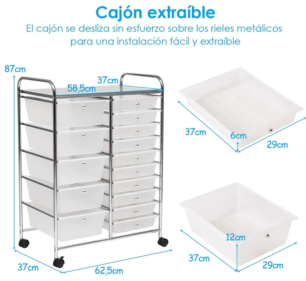 Carrinho multiusos com gavetas amovíveis e rodas com fecho Organizador de acessórios 63 x 37 x 87cm Transparente