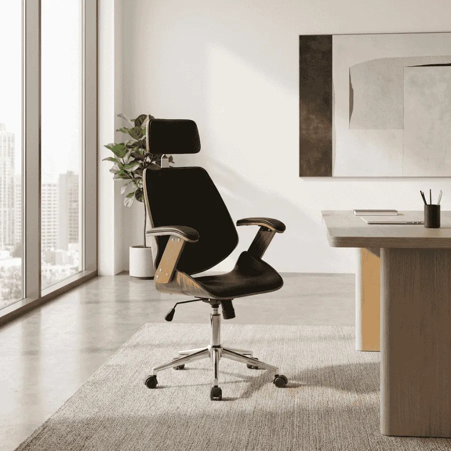 Cadeira de Escritório Chicago Couro Sintético Preto e Nogueira