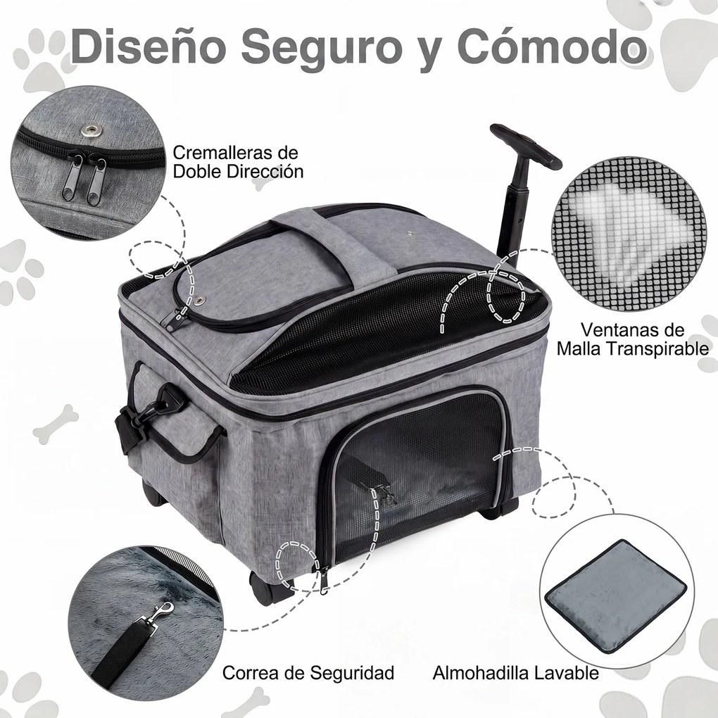 Transportadora para Animais de Estimação com Rodas, 33 x 43 x 35 cm, Dobrável com Pega Telescópica, Cinzento