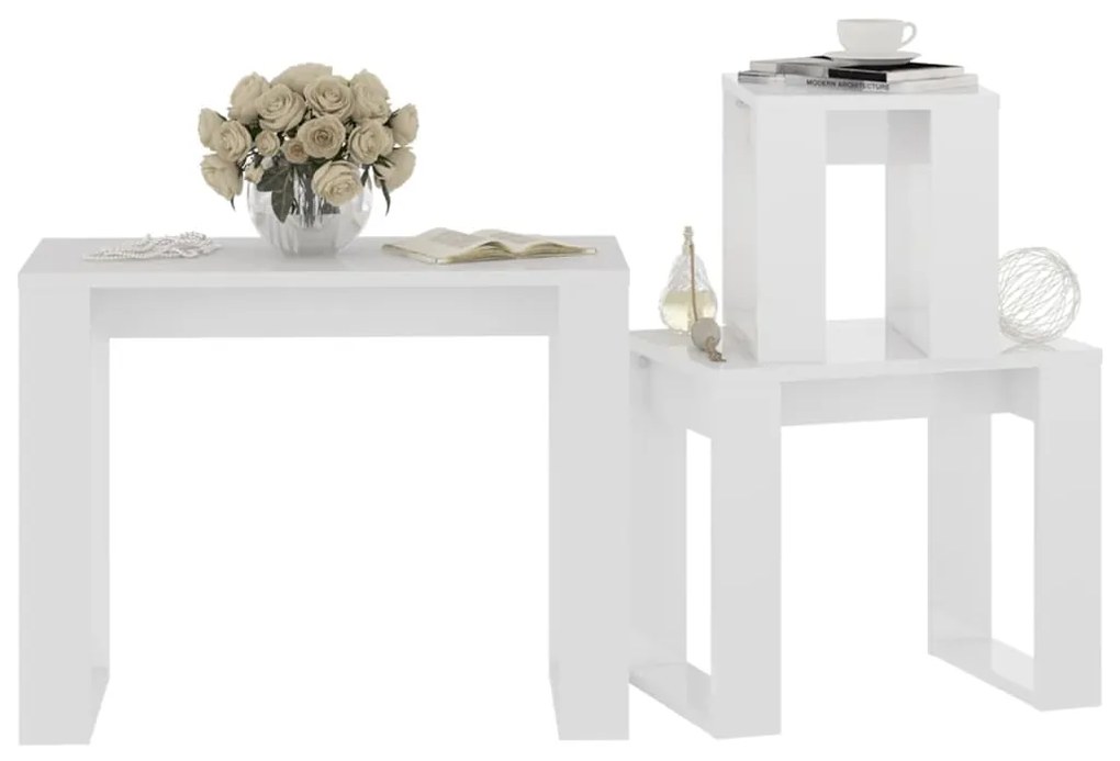 Mesas de encastrar 3 pcs madeira processada branco brilhante