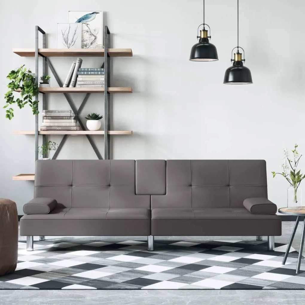 351928 vidaXL Sofá-cama com suporte para copos couro artificial cinzento