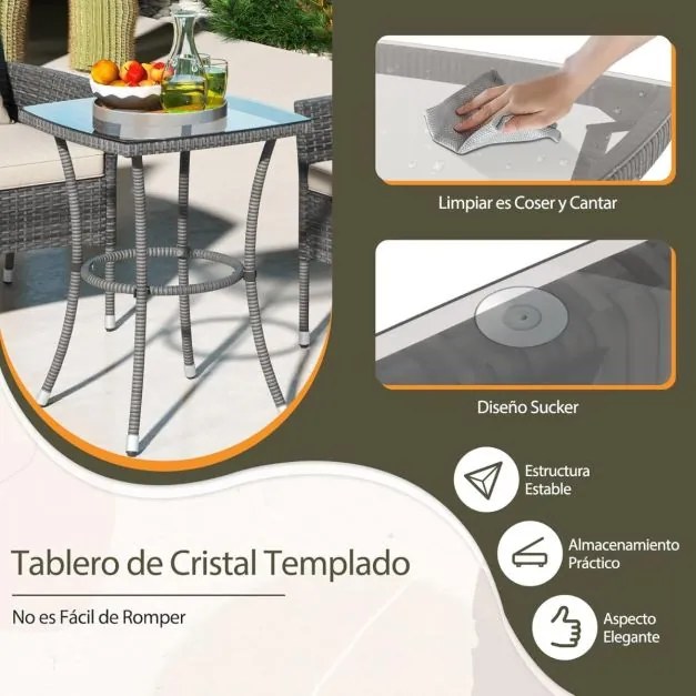 Conjunto de jardim de 3 peças de rattan PE com almofadas e mesa em vidro temperado para varanda, jardim, relvado, pátio cinzento e Bege