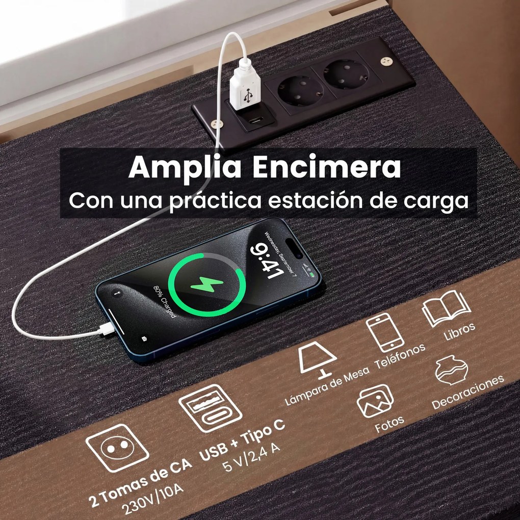 Mesa de cabeceira com base de carregamento 38 x 35 x 66 cm, 3 gavetas, porta USB, moderna, para sala ou quarto, Preta