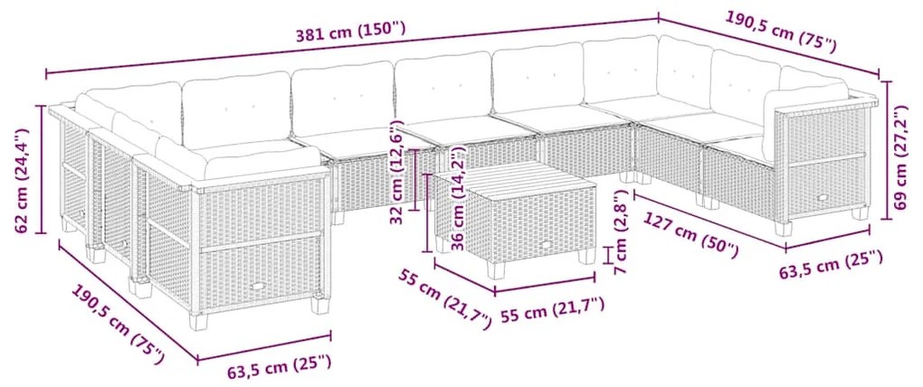 11 pcs conjunto sofás de jardim c/ almofadões vime PE bege