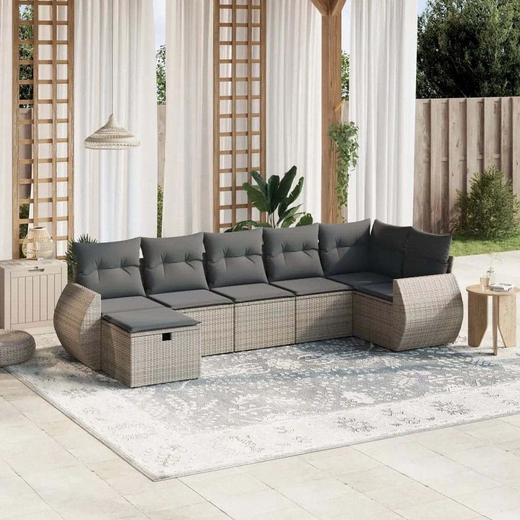 7 pcs conjunto sofás p/ jardim c/ almofadões vime PE cinzento