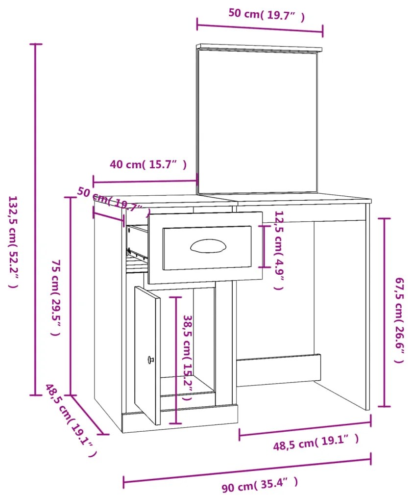 Toucador com espelho 90x50x132,5 cm derivados de madeira branco
