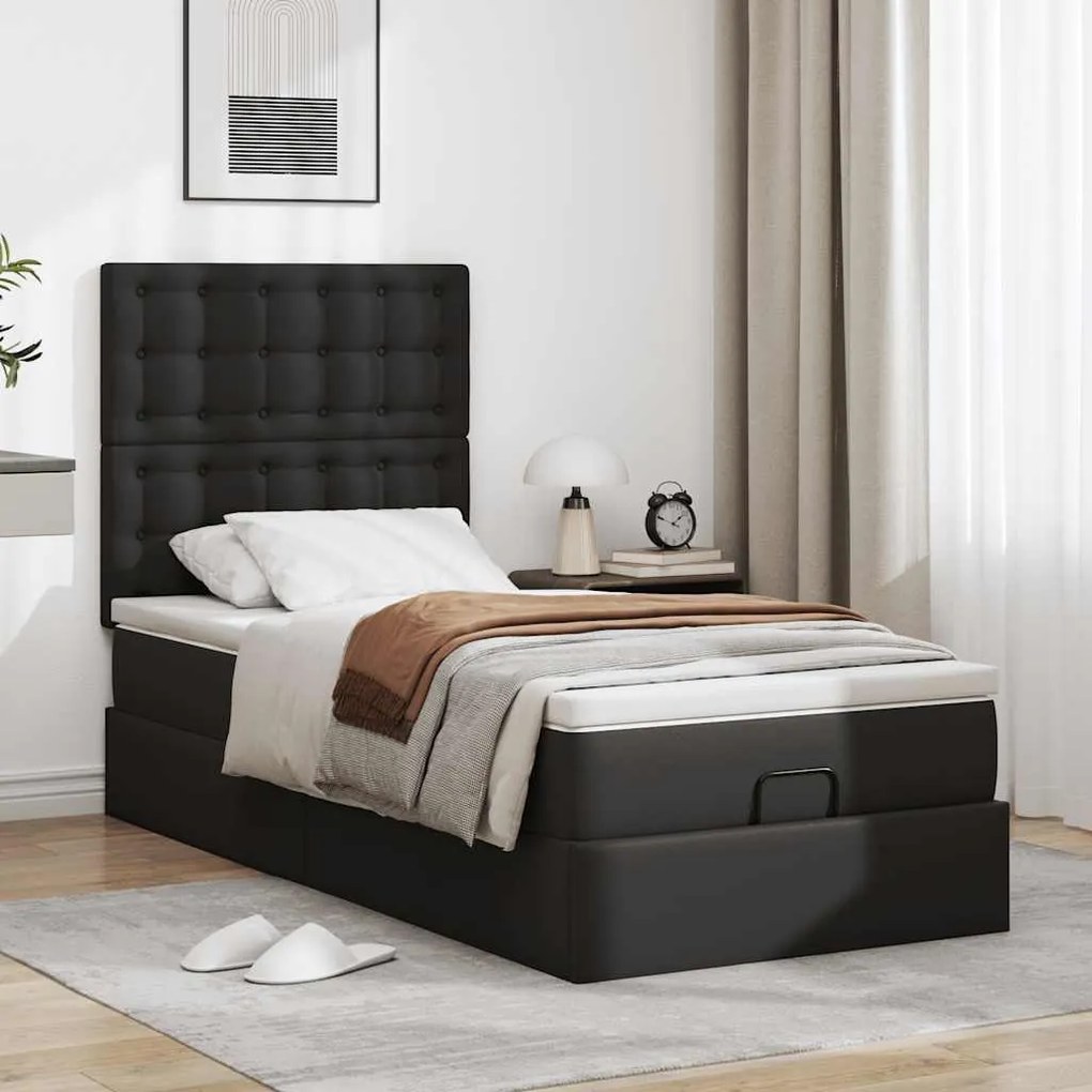 Cama otomana com colchão 90x200 cm couro artificial preto