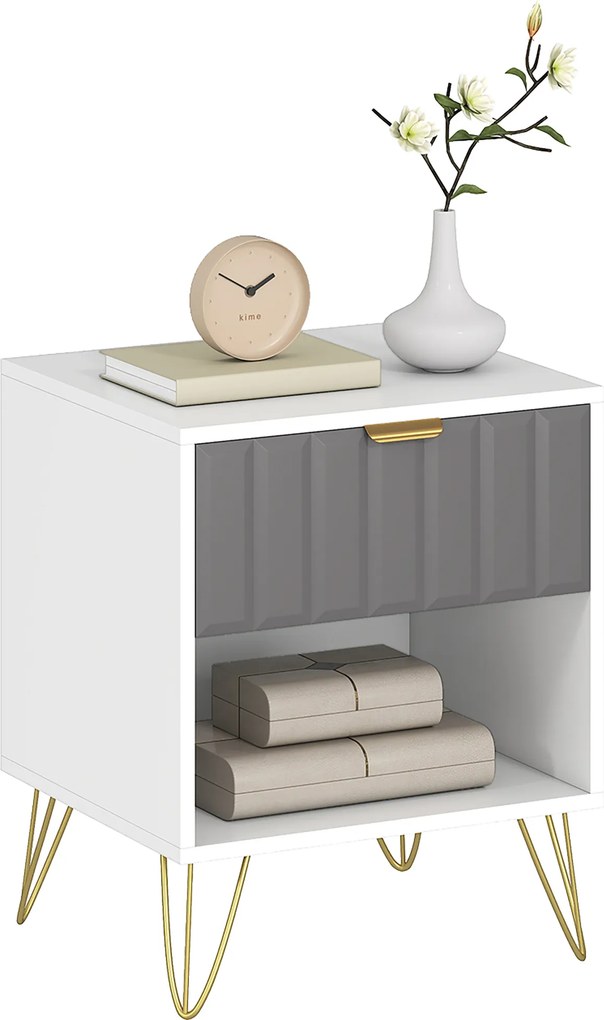 Mesa de cabeceira 45 x 40 x 55, mesa auxiliar com compartimento aberto, gaveta e puxador, pés em aço, branca