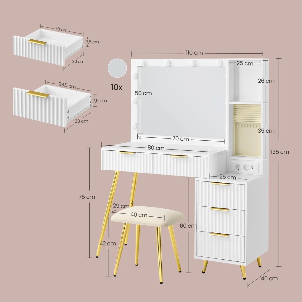 Toucador com banco 40 x 110 x 135 cm, e com espelho com luzes Led, gavetas Branco