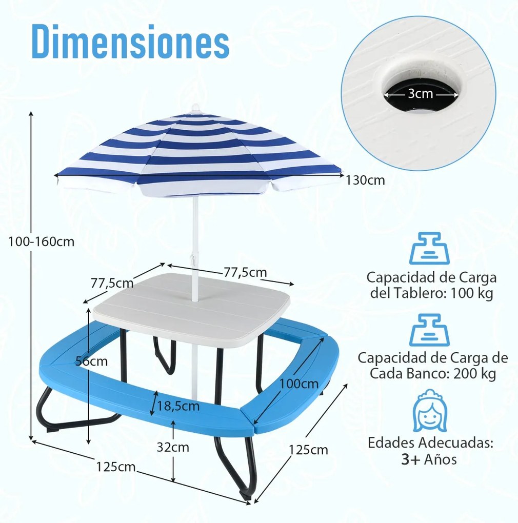 Mesa de atividades jardim crianças com guarda-sol ajustável e dobrável, 4 bancos incorporados até 8 crianças, 125 × 125 × 100-160 cm branca
