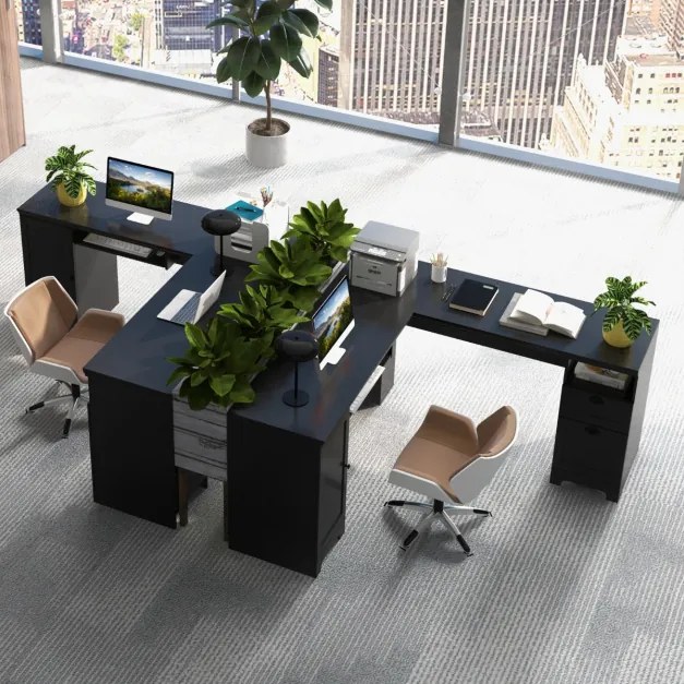 Secretaria computador de canto em L com gavetas e bandeja para teclado para escritorio 168 x 168 x 76 cm Preto