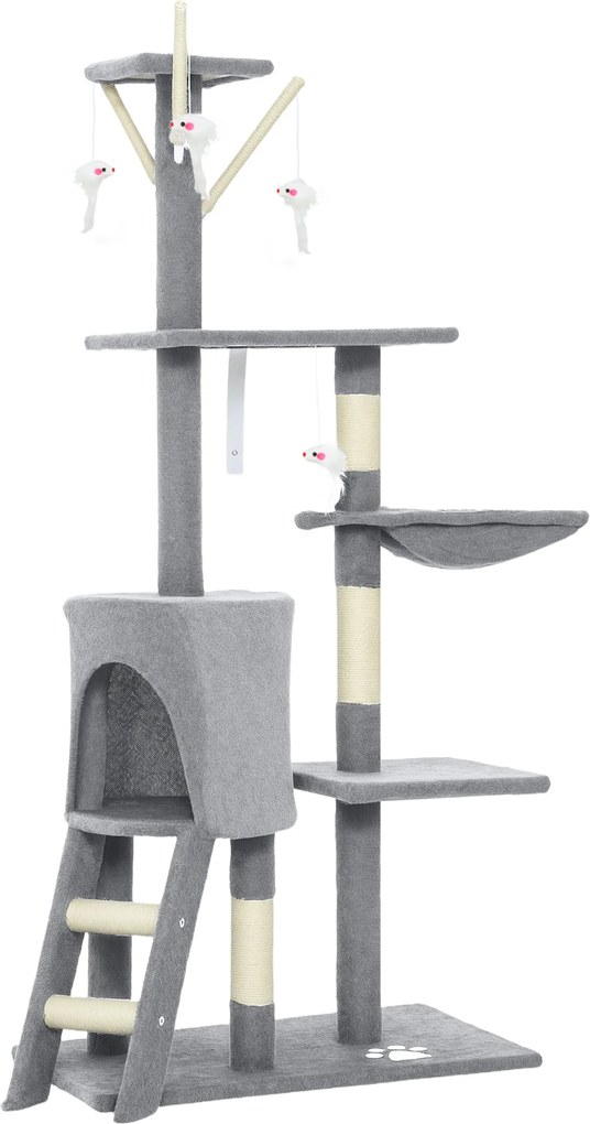 PawHut Arranhador para Gatos com Caverna Plataformas Rato de Brinquedo Rede e Postes de Sisal 60x35x134 cm Cinzento | Aosom Portugal