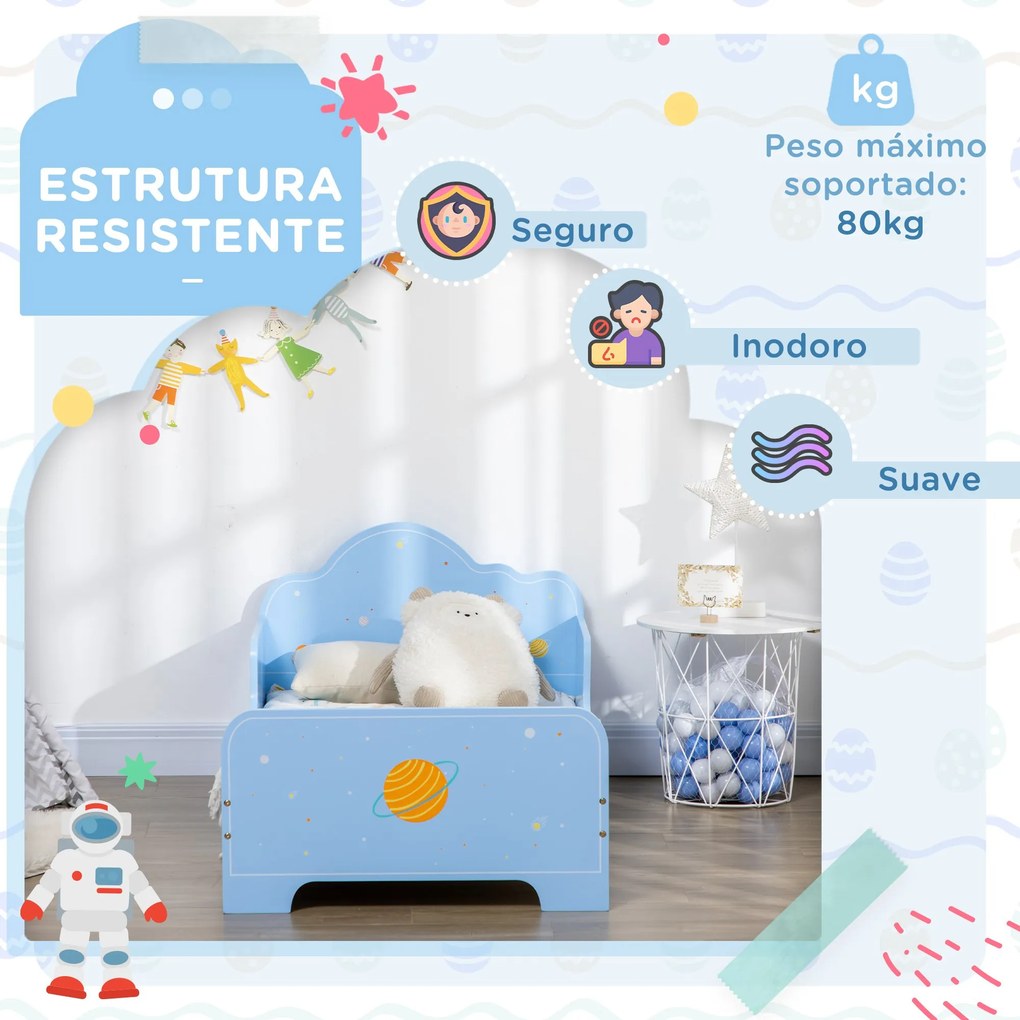 Cama para Crianças de 3-6 Anos 143x74x59cm Cama Infantil de Madeira com Barreiras de Proteção Carga Máxima 80kg Azul