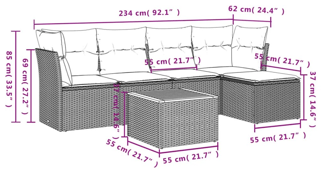 6 pcs conjunto sofás de jardim com almofadões vime cinzento
