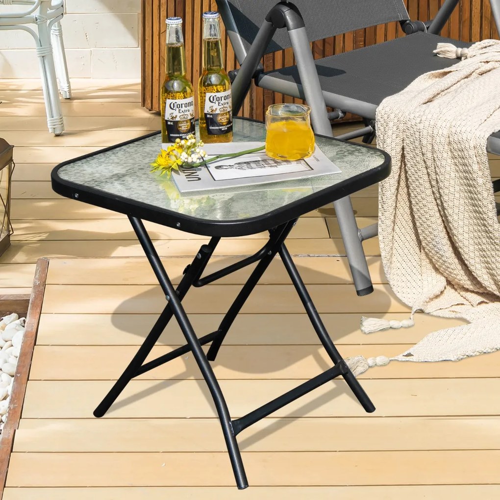 Mesa para jardim quadrada de 46,5 cm com estrutura resistente à ferrugem e tampo de vidro temperado para piscina e varanda jardim Preto
