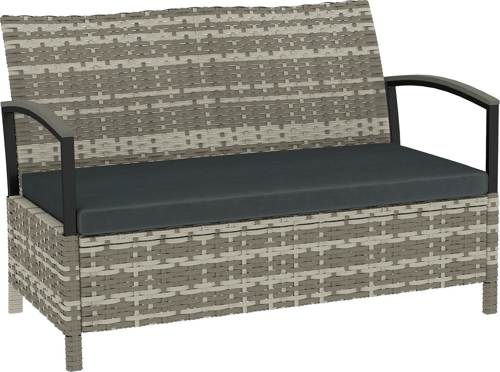 Outsunny Banco de jardim com arrumação 2 lugares Banco com almofada e apoios de braço 125L PE Rattan 123 x 70 x 82 cm Cinza escuro | Aosom Portugal