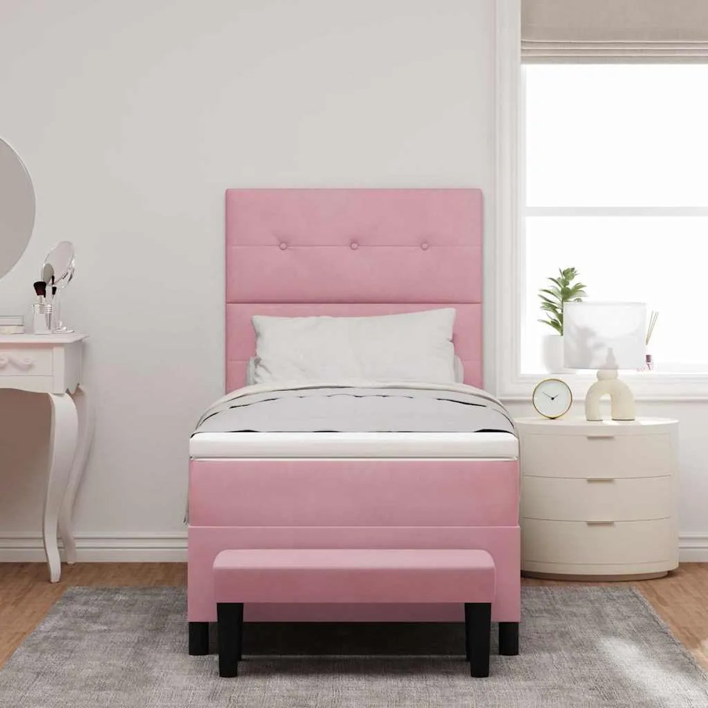 Cama Box Spring com Colchão e Banco Rosa 90x190 cm Veludo