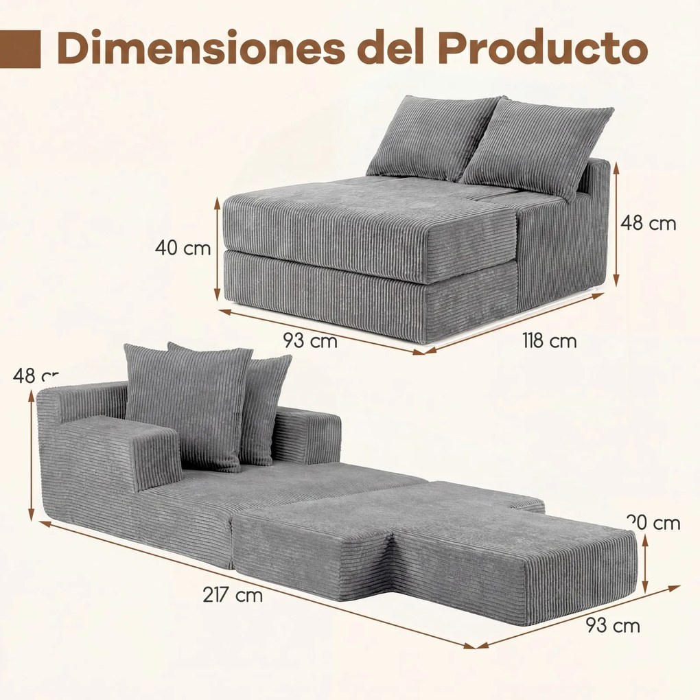Sofá-Cama Dobrável, 118 x 93 x 48 cm, Capas Removíveis e Laváveis na Máquina, Cinzento