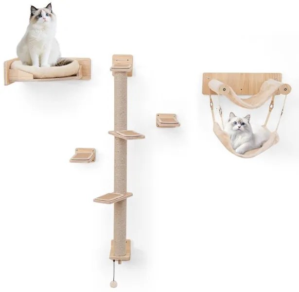 5 PCS Parede de Escalada e Arranhador para Gatos com Plataformas, Postes de Juta, Cama para Gatos, 2 redes Natural