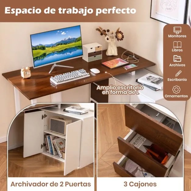 Secretária em forma de L 138 x 104 x 74 cm com arquivo e tomada elétrica com 3 gavetas Castanho e Branco