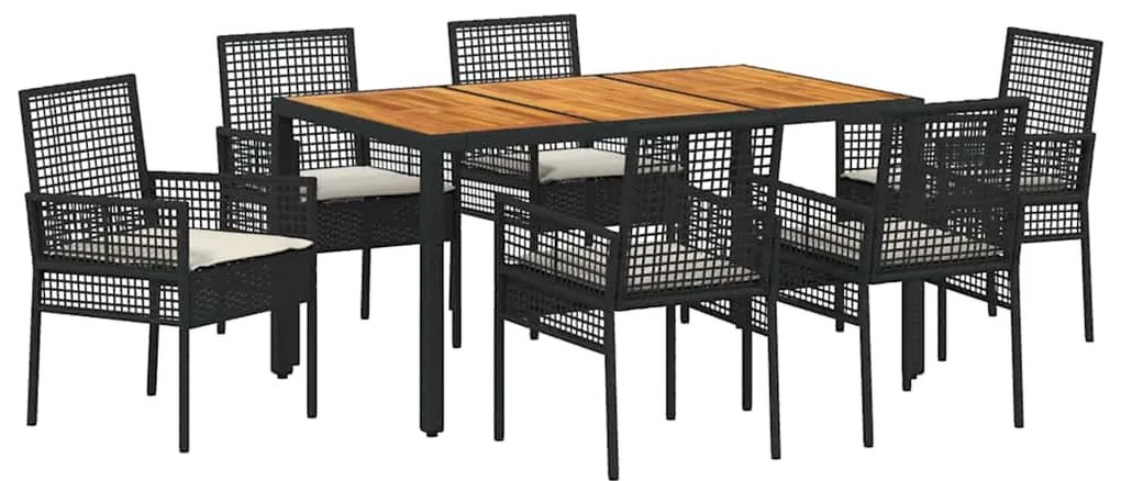 Conjunto de Jantar de Jardim de 7 Peças com Almofadas Preto Rattan Sin