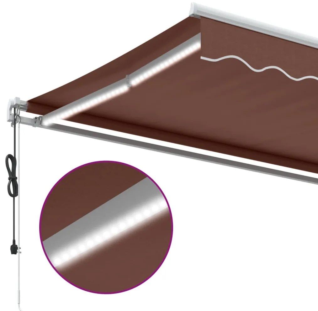 Toldo retrátil manual com luz LED 500x300 cm castanho