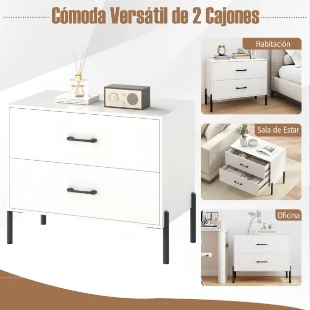 Mesa de cabeceira larga 71 x 40 x 61 cm moderna em madeira com pés e puxadores em metal com arrumação Branca