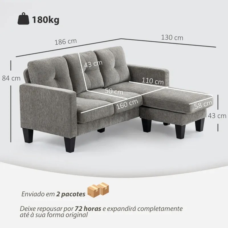 Sofá Chaise Longue Sofá em Forma de L Estofado em Poliéster Sofá de Canto Reversível 186x130x84 cm Castanho Acizentado