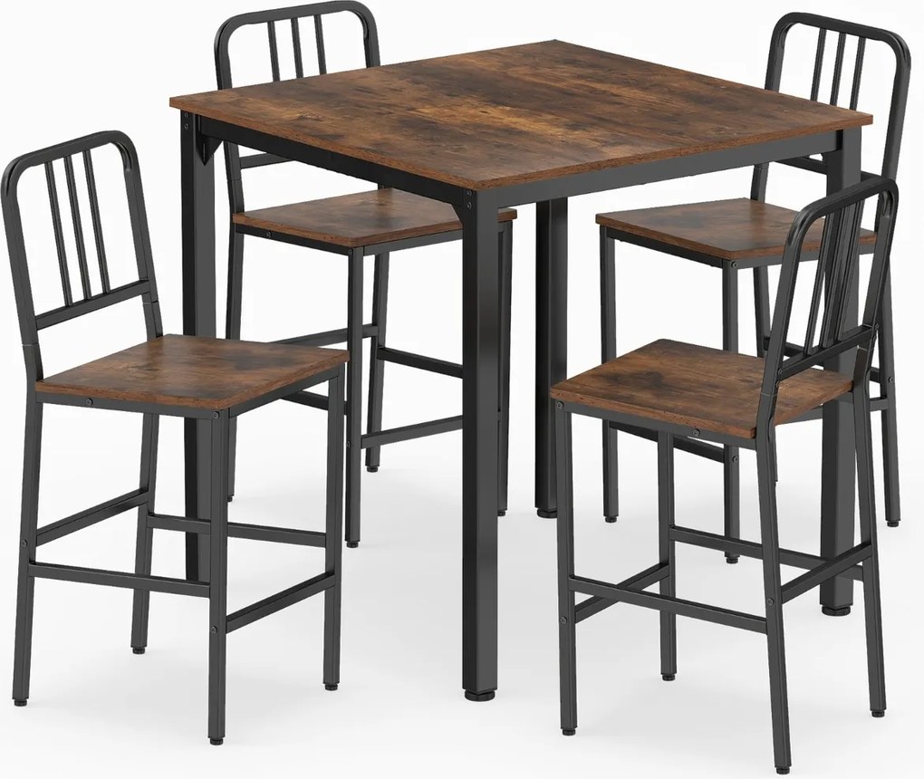 Conjunto de mesa de jantar alta e 4 bancos para 4 pessoas com estrutura metálica, mesa quadrada de estilo industrial Castanho Rústico e Preto