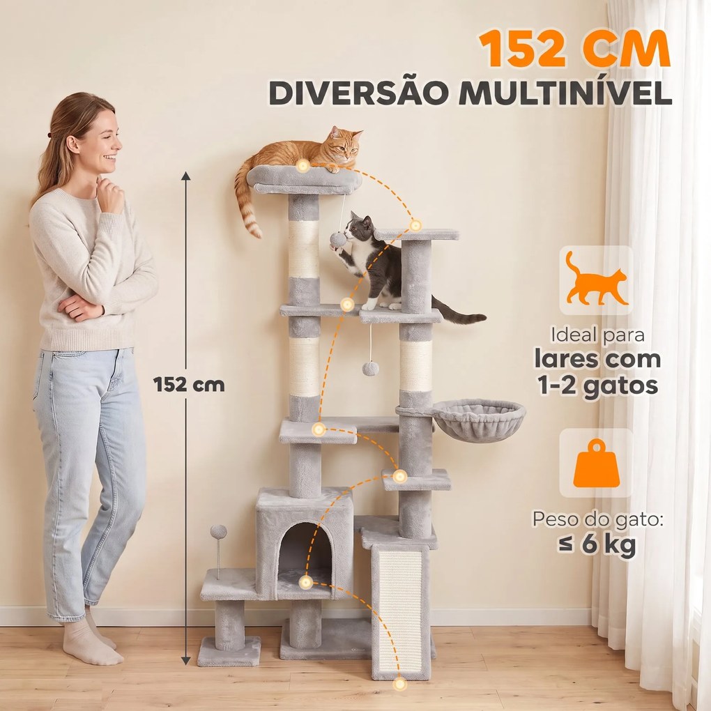 Árvore Arranhadora para Gatos 152 cm Multinível com Casinha Rede Cama Escada Arranhadora 4 Postes de Sisal e Bolas Cinza Claro