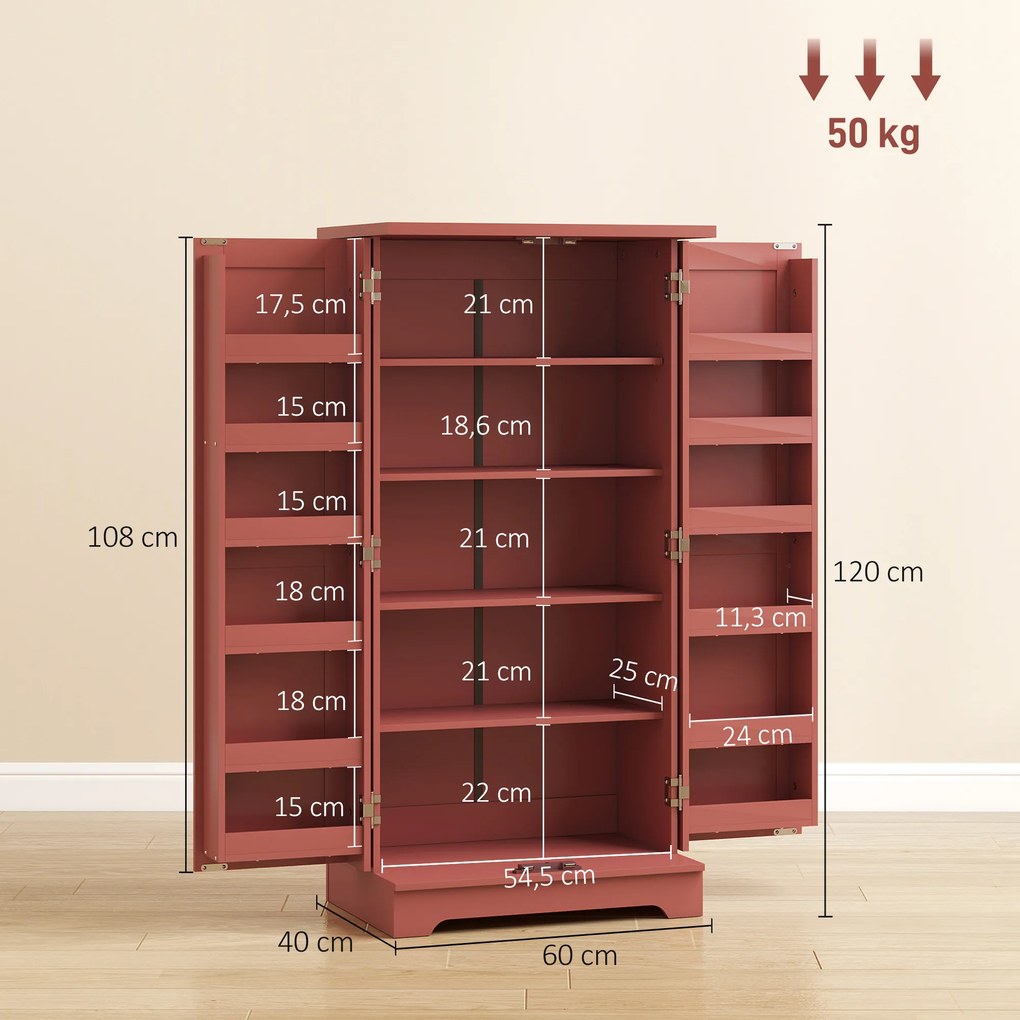 Armário de cozinha com 5 níveis, com portas e prateleiras ajustáveis, 60 L x 40 P x 120 A cm, com acabamento em madeira vermelha