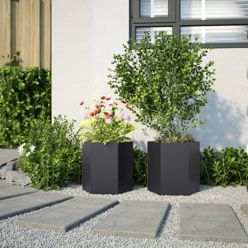 Vasos floreiras de jardim 2 pcs hexagonal 46x40x45 cm aço preto
