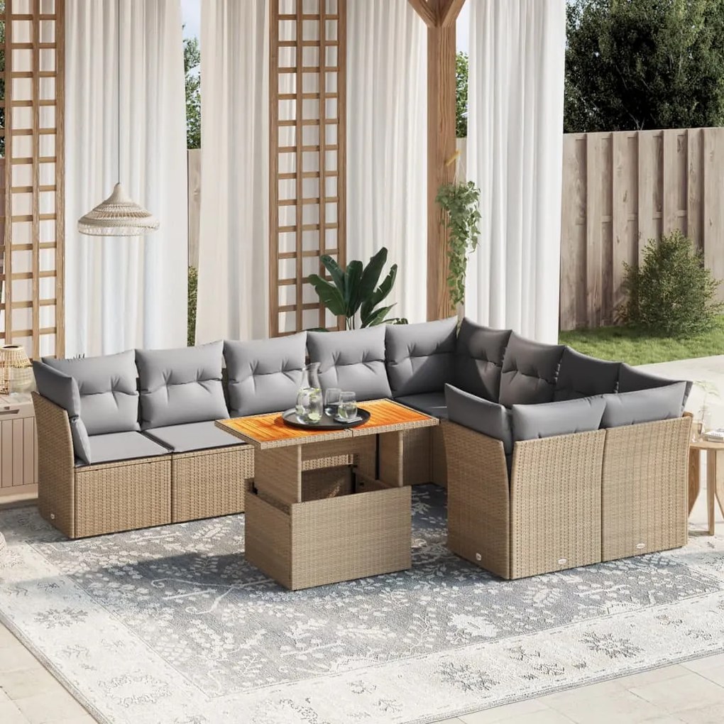10 pcs conjunto de sofás p/ jardim com almofadões vime PE bege