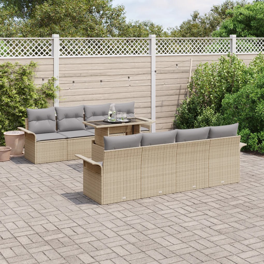 Conjunto de Sofá de Jardim vidaXL 9 Peças com Almofadas Bege Vime Poliéster