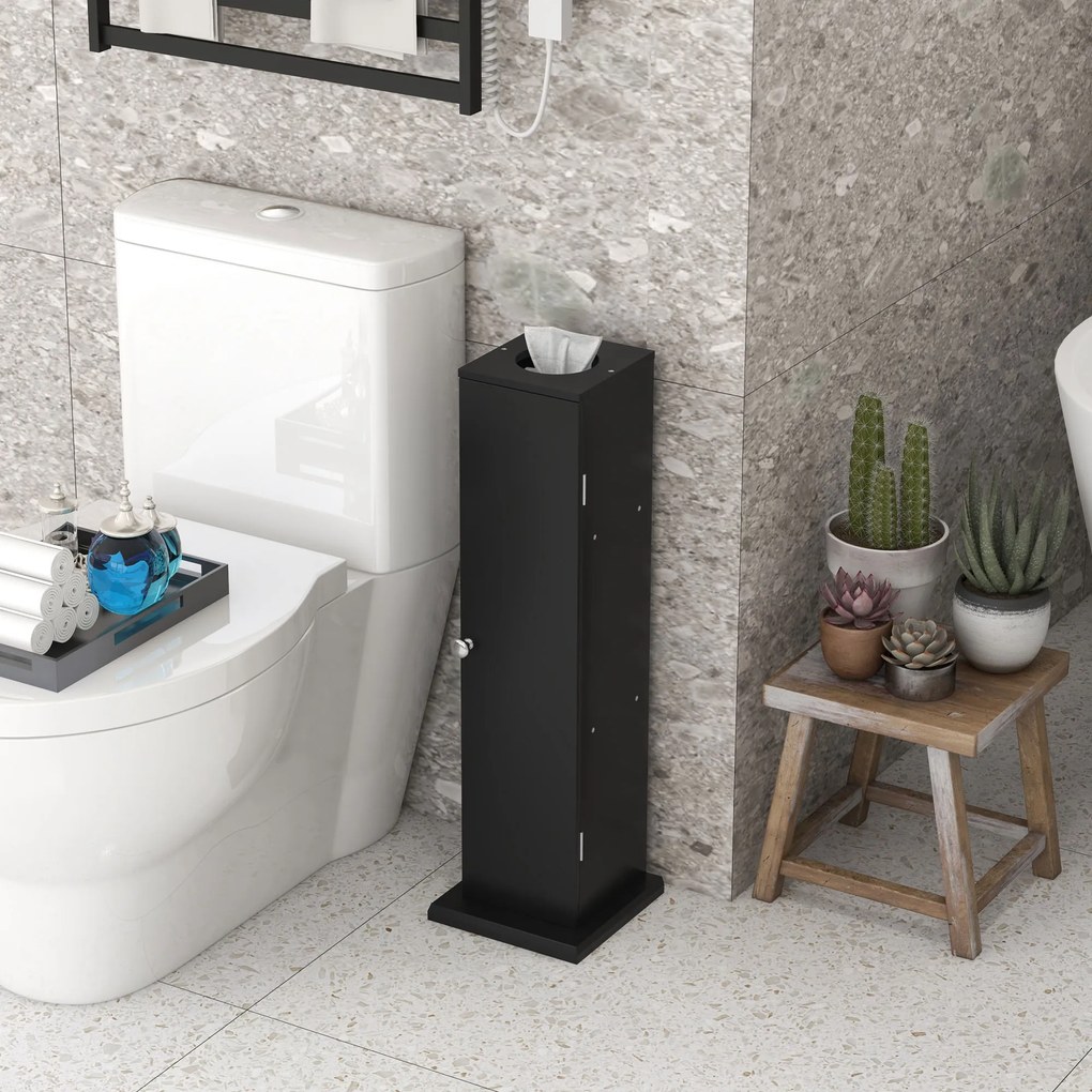 Suporte para papel higiénico para casa de banho 19,5 x 19,5 x 65 cm com 3 níveis e saída para o papel, para espaços pequenos, preto