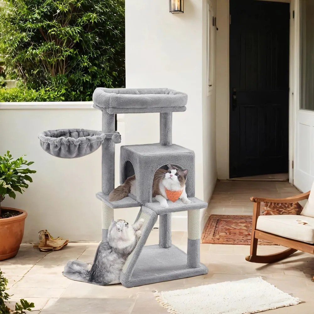 Arranhador para gatos com caverna e cesto suspenso 48,1 x 48,1 x 96,1 cm cinzento claro