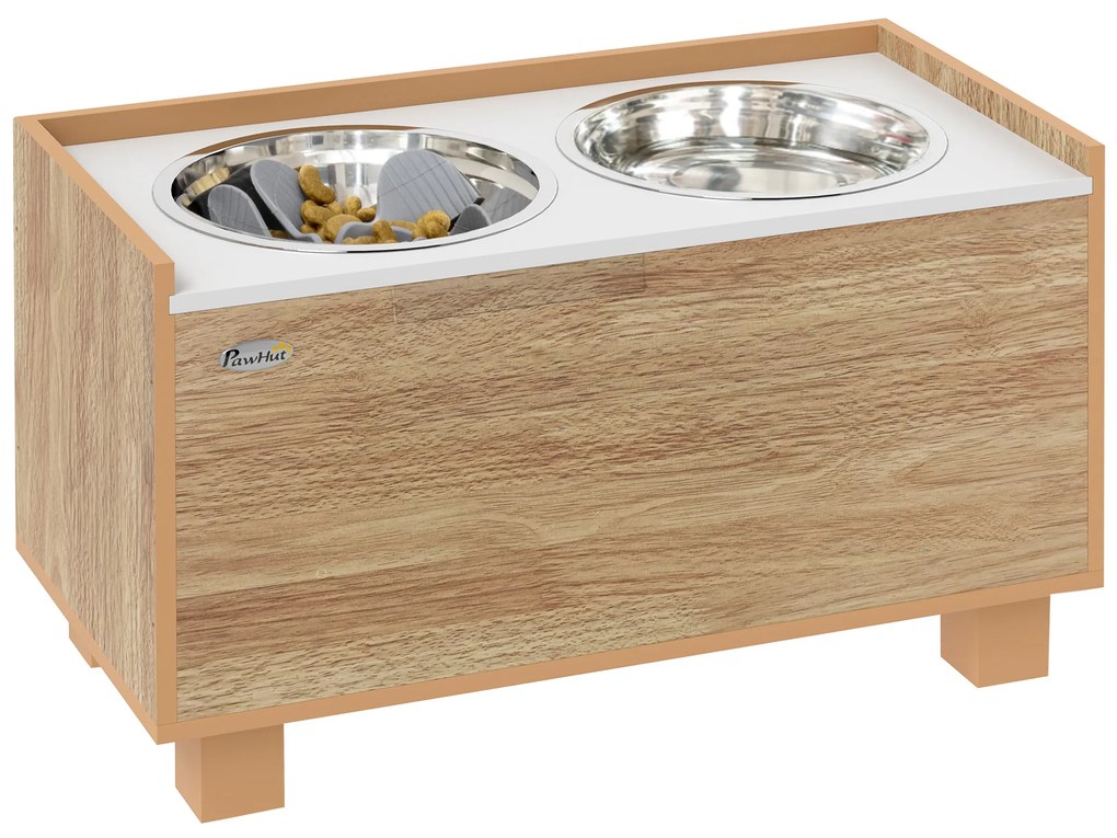 PawHut Comedouro para Cães Elevado com Sistema de Alimentação Lento Espaço de Arrumação 2 Tigelas de 2L de Aço Inoxidável 60x30x35,5 cm Madeira | Aosom Portugal